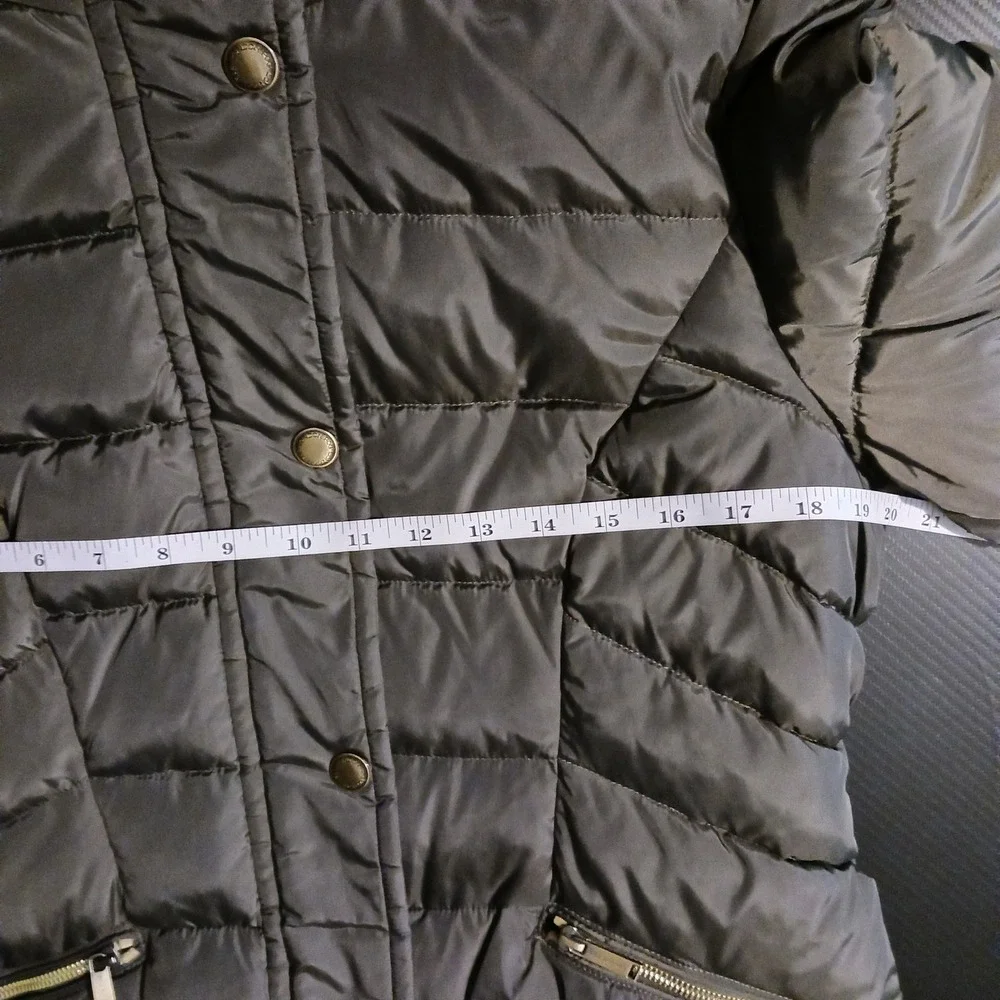 London Fog Faux-Fur Trim Hooded Down Puffer Coat Dark Moss, Gold Hardware Size M